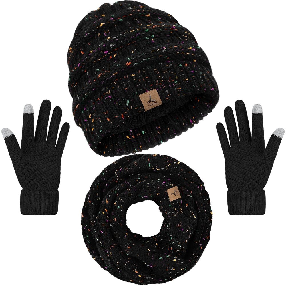 8422 4 PCS Winter Accessories, Confetti Black Warm Knit Beanie Hat infinity